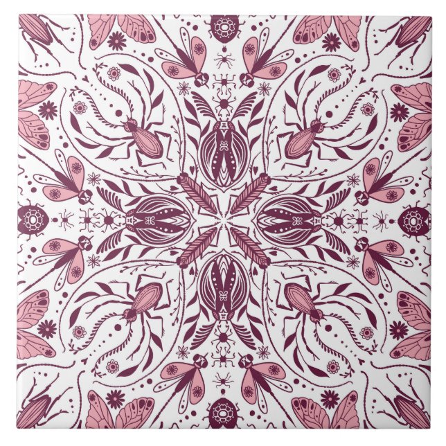 Azulejo Bugs, magenta oscuro y rosa sobre blanco (Frente)