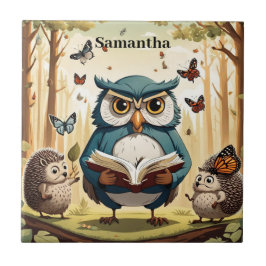 Azulejo Búho antiguo, mariposas, erizos Nombre editable