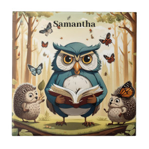 Azulejo Búho antiguo, mariposas, erizos Nombre editable