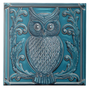 Azulejo Búho Art Nouveau azul turquesa oscuro relieve fals