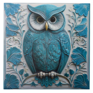 Azulejo Búho Art Nouveau azul turquesa oscuro relieve fals