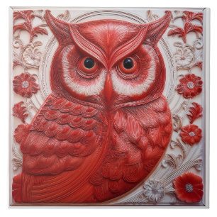 Azulejo Búho Art Nouveau de relieve falso rojo R