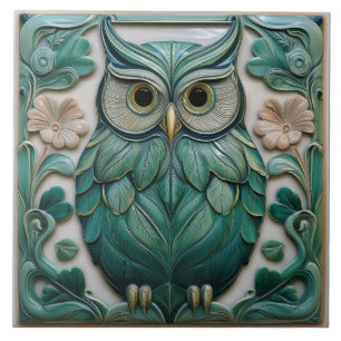 Azulejo Búho Art Nouveau en falso relieve verde salvia