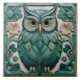 Azulejo Búho Art Nouveau verde turquesa relieve falso