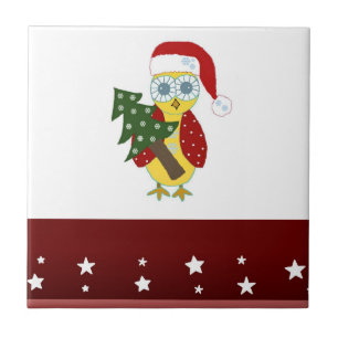 Azulejo Búho con sombrero de Santa con árbol de Navidad