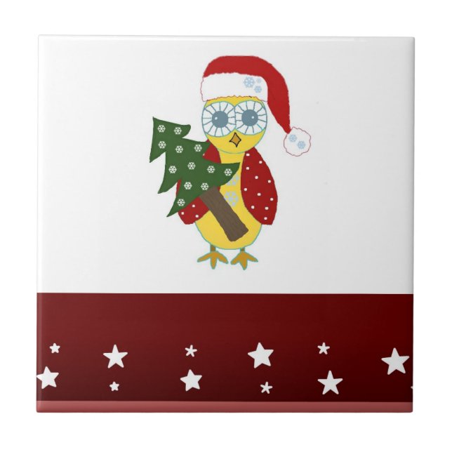 Azulejo Búho con sombrero de Santa con árbol de Navidad (Frente)