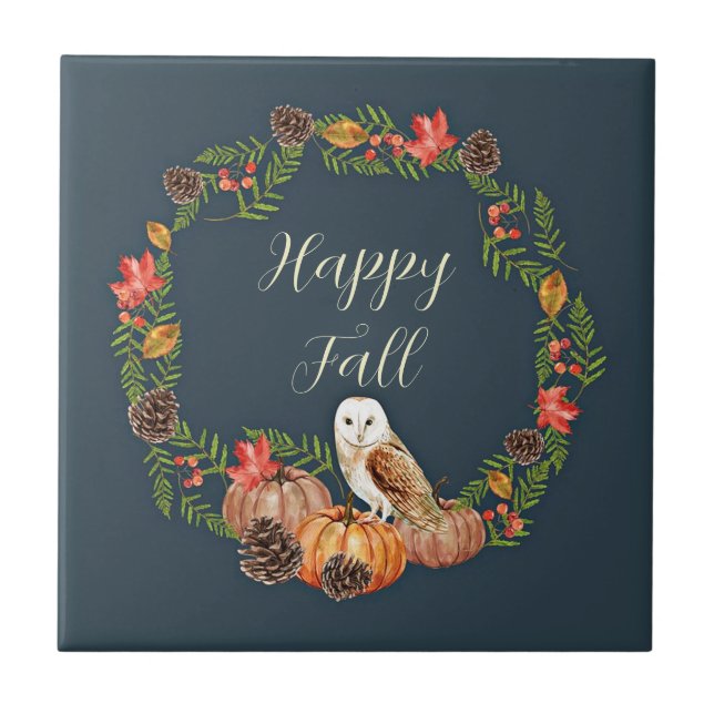 Azulejo Búho de otoño y calabazas con texto personalizable (Frente)