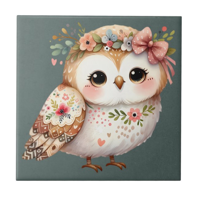 Azulejo Búho Floral Adorable con Lazo (Frente)