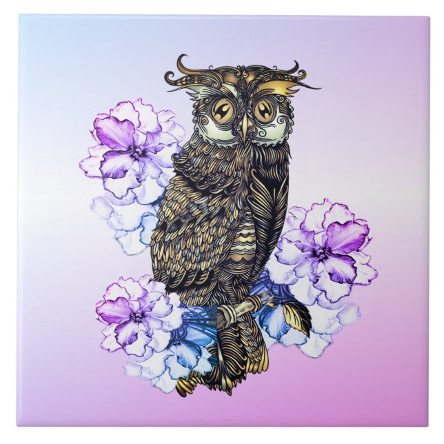 Azulejo Búho marrón flores púrpuras  (Frente)