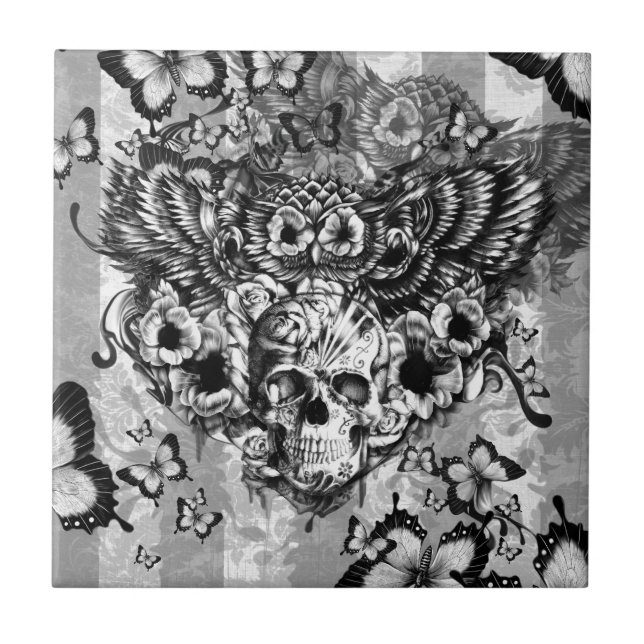 Azulejo Búho perdido y encontrado, floral con el cráneo (Frente)