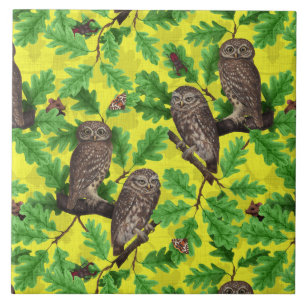 Azulejo Búhos en el bosque sobre amarillo limón