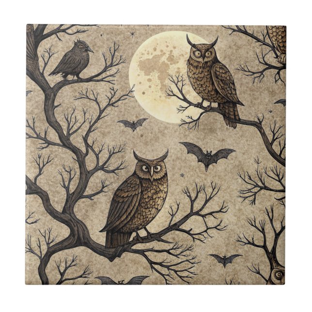 Azulejo Búhos y luna de Halloween vintage (Frente)