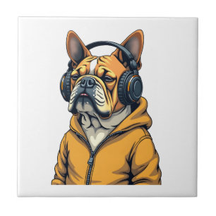 Azulejo Bulldog Antiguo con Auriculares con Capucha Música