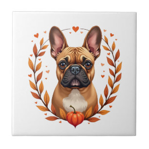 Azulejo Bulldog Francés Vintage con Corona de Hojas de Oto