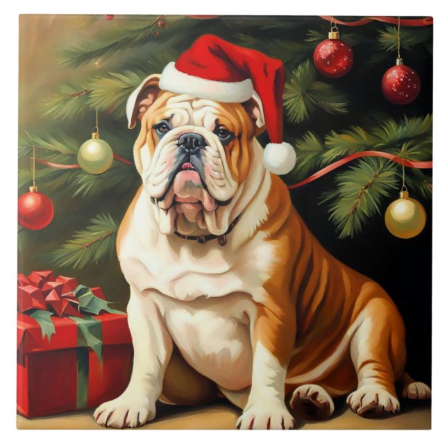 Azulejo Bulldog inglés en Santa hat, (Frente)