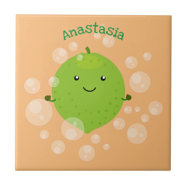 Azulejo Burbujas de cal verde suave ilustracion personaliz (Frente)