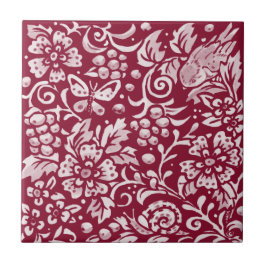Azulejo Burgundy Bird Butterfly Berry Forest Floral