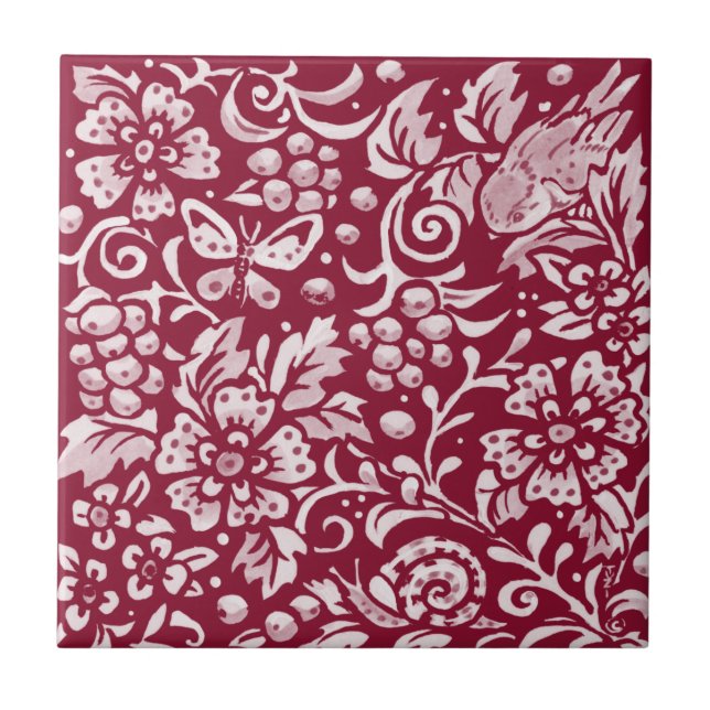 Azulejo Burgundy Bird Butterfly Berry Forest Floral (Frente)