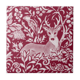 Azulejo Burgundy Deer Hedgehog Woodland Forest Animal 
