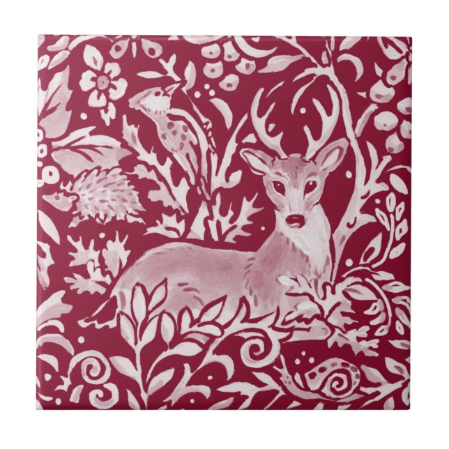 Azulejo Burgundy Deer Hedgehog Woodland Forest Animal  (Frente)