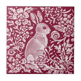 Azulejo Burgundy Rabbit Bunny Woodland Floral Art