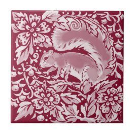 Azulejo Burgundy Woodland Squirrel Forest Animal Floral  