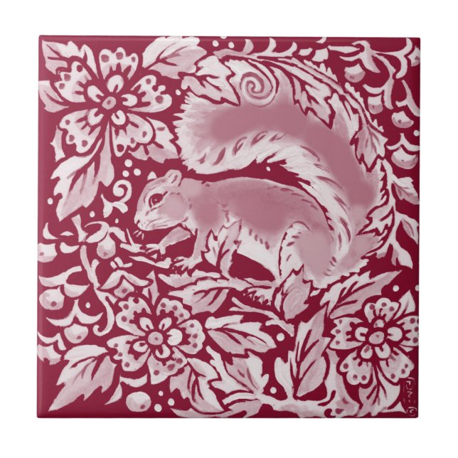 Azulejo Burgundy Woodland Squirrel Forest Animal Floral   (Frente)