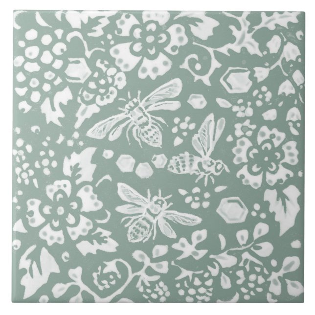 Azulejo Busy Bee Sage Green Honeycomb Flower Garden Design (Frente)