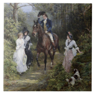 Azulejo Caballeros a caballo se reúnen damas en un bosque