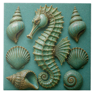Azulejo Caballito de mar turquesa y conchas costeras
