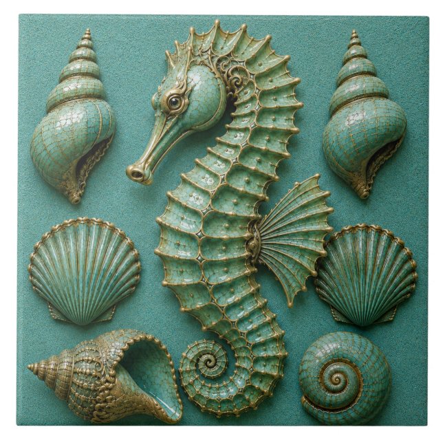 Azulejo Caballito de mar turquesa y conchas costeras (Frente)