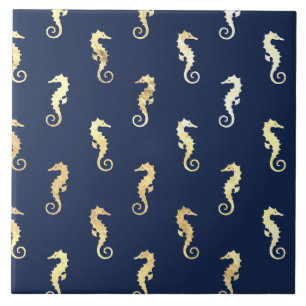 Azulejo Caballitos de mar de tono dorado sobre azul marino