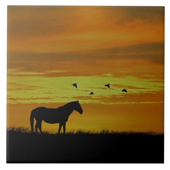 Azulejo Caballo al atardecer dorado con pájaros (Frente)