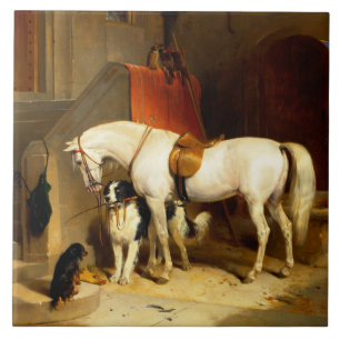 AZULEJO CABALLO BLANCO CON PERROS Y FALCONS EN ESTABLE