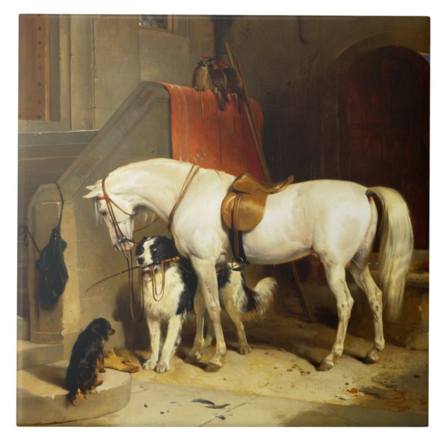 AZULEJO CABALLO BLANCO CON PERROS Y FALCONS EN ESTABLE (Frente)