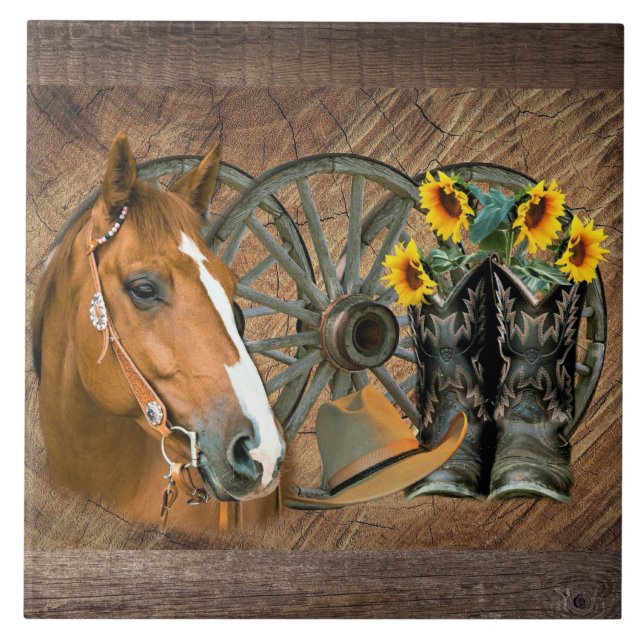 Azulejo Caballo Cowboy Boots Rueda de vagón girasoles occi (Frente)