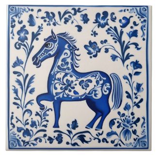 Azulejo Caballo Dala Sueco Cerámica azul y blanco nuevo