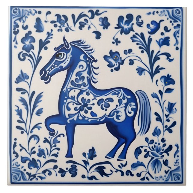 Azulejo Caballo Dala Sueco Cerámica azul y blanco nuevo (Frente)