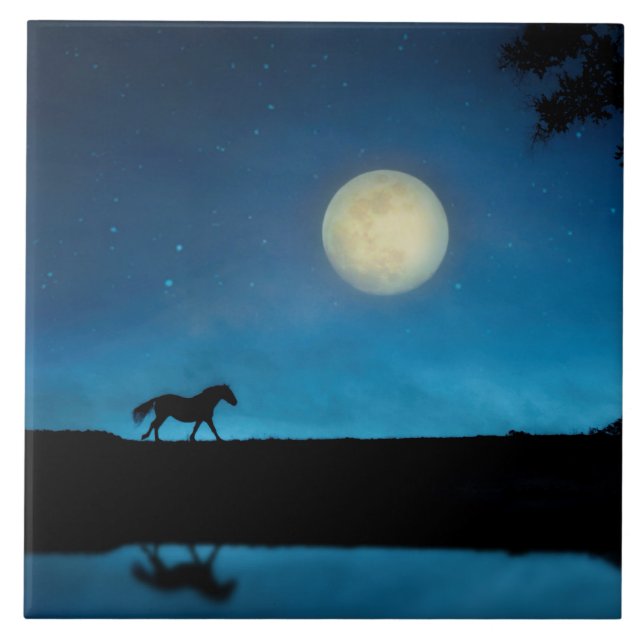 Azulejo Caballo de bonito y luna con cielo azul (Frente)