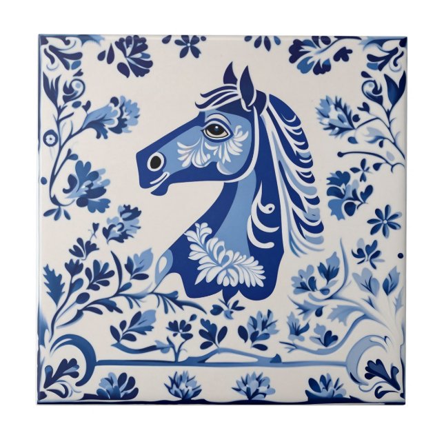 Azulejo Caballo de dala sueco azul y blanco (Frente)