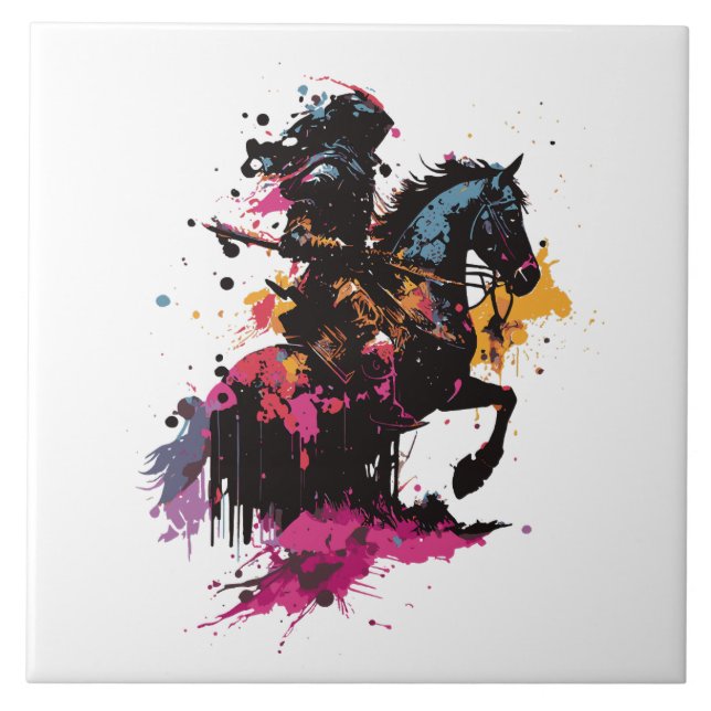 Azulejo Caballo de guerrero en acuarela (Frente)