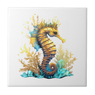 Azulejo Caballo de mar fantasía oro azul bajo el mar