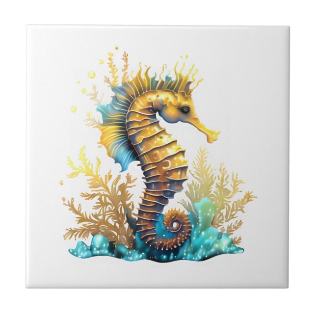 Azulejo Caballo de mar fantasía oro azul bajo el mar (Frente)