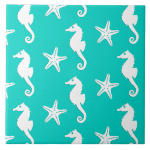 Azulejo Caballo de mar y pez estrella - blanco sobre turqu