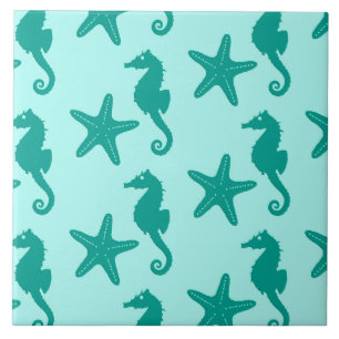 Azulejo Caballo de mar y pez estrella - turquesa y aqua