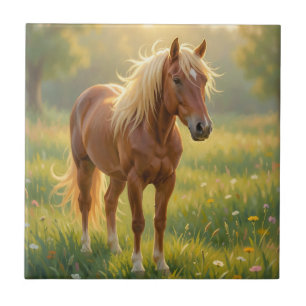 Azulejo Caballo de Melena Dorada Pradera de Flores Silvest