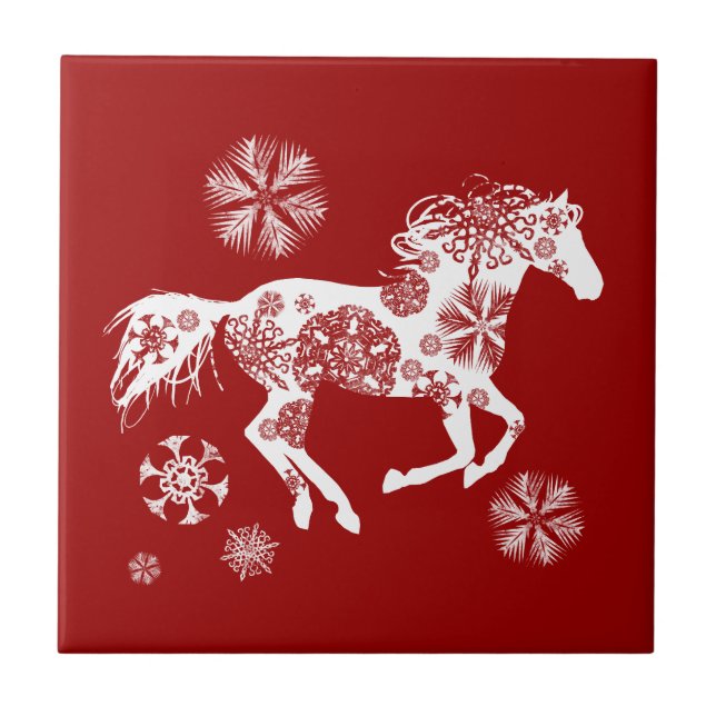 Azulejo Caballo de Navidades de copos de nieve rojos y bla (Frente)