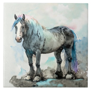 Azulejo Caballo de raza Shire Gentil Acuarela Azul