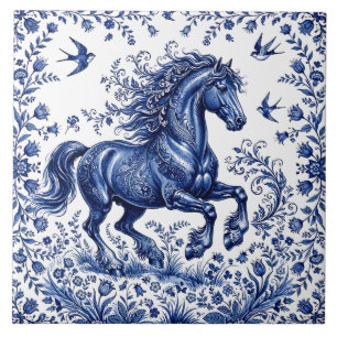 Azulejo Caballo frisón al estilo Delftware en prado