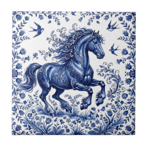 Azulejo Caballo frisón de estilo Delftware en prado
